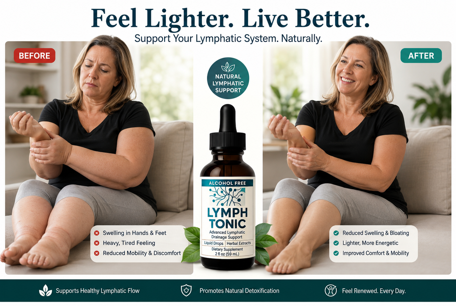 Before and After Using Lymph Tonic Before: Swelling in hands and feet. Heavy, exhausted feeling. Reduced mobility and discomfort. After: Reduced swelling and bloating. Lighter, more energetic. Improved comfort and mobility.