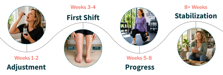 Timeline to expect while using Lymph Tonic: Week 1 to 2 - Adjustment, Week 3 to 4 - First Shift, Week 5 to 8 - Progress, 8+ Weeks - Stabilization.